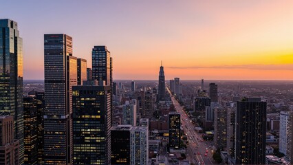 Obraz premium Generative AI, Modern Metropolis at Sunset with Reflective Skyscrapers
