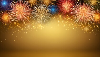 new year golden background with colorful fireworks and copy space