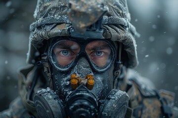 Military soldier in gas mask and helmet with night vision device in dusk forest environment