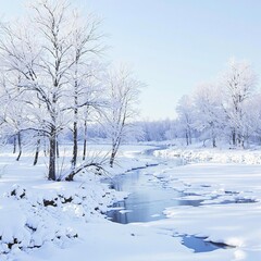 Fototapeta premium Snowy forest in winter with bare trees and a frozen river, snowy scene, frozen river, frosty atmosphere, panoramic view, white background