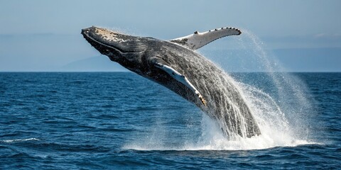 Fototapeta premium A humpback whale breaches and then dives back down into the dark blue water its body gliding effortlessly through the ocean, wildlife, wave