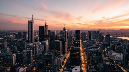 Obraz premium Generative AI, Modern Metropolis at Sunset with Reflective Skyscrapers