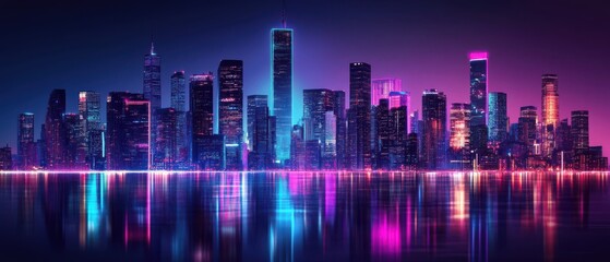 Obraz premium Vibrant city skyline reflecting in water at night.