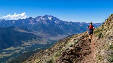 Fototapeta premium A lone runner navigating a rugged mountain trail, with a breathtaking view of valleys and peaks below 