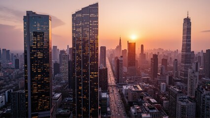 Generative AI, Modern Metropolis at Sunset with Reflective Skyscrapers
