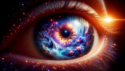 A mesmerizing close-up of an eye reflecting a fantastical universe with vibrant colors and surreal landscapes, symbolizing imagination and exploration of the mind.