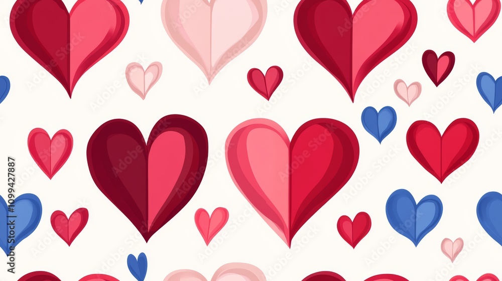 Poster a pattern of hearts in various sizes and colors. the hearts are arranged in a way that they are over