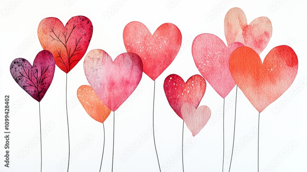 Poster a row of hearts with stems and leaves. the stems are white and the leaves are red. the hearts are al