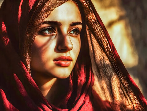 Thoughtful Woman in Red Hi-jab