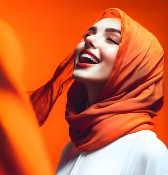 Joyful Woman in Orange Hi-jab and White Attire