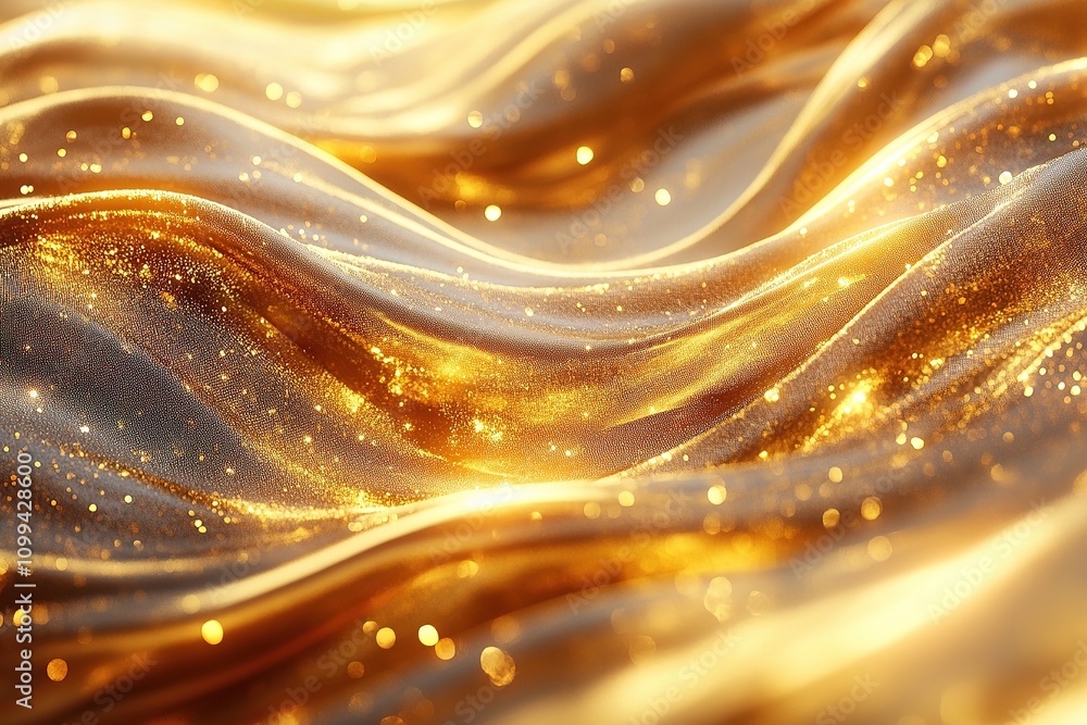 Poster golden glowing abstract waves with sparkling bokeh.