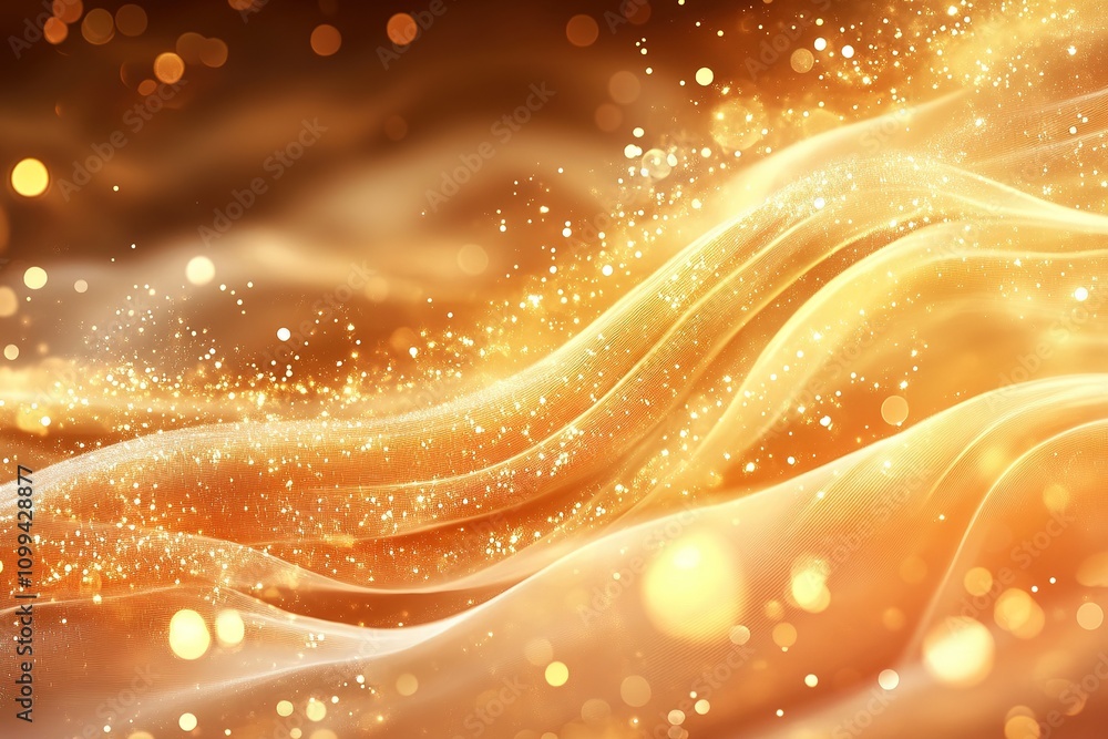 Poster golden glowing abstract waves with sparkling bokeh.