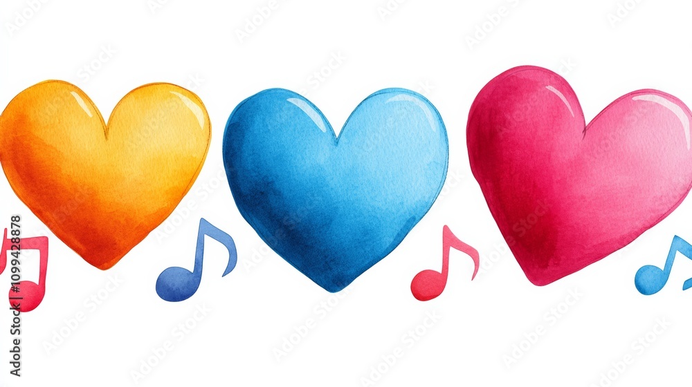 Poster three hearts with notes on them. the notes are in different colors and are arranged in a row