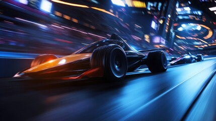 Fototapeta premium Futuristic Racing Cars in High-Speed Neon Cityscape with Blurred Motion and Intensity