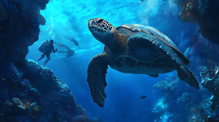 Obraz premium A pair of divers observing a majestic sea turtle gliding through a serene underwater landscape 