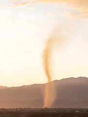 Dust Devil Swirling in Desert Landscape at Sunset.