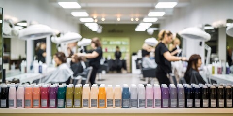 A row of vibrant hair care products stands in sharp focus, with a modern, busy salon scene blurred in the background. Hairdressers attending clients create a dynamic yet calm ambiance.