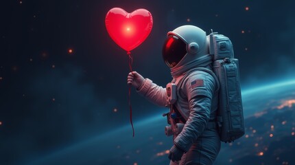 Naklejka premium Astronaut holding a red heart shaped balloon in outer space with Earth and stars in the background. Love and exploration concept