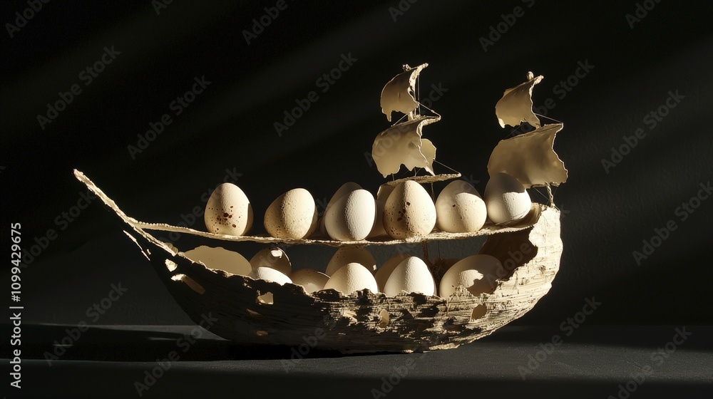 Poster Creative ship made from eggshells studio setting artistic display dramatic shadows unique concept