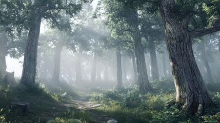 Obraz premium Serene morning light filtering through an ancient forest groves with majestic towering trees