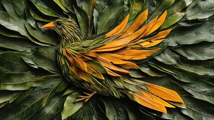 Obraz premium Artistic creation of bird from mango leaves nature scene detailed design outdoor environment unique perspective eco-friendly concept