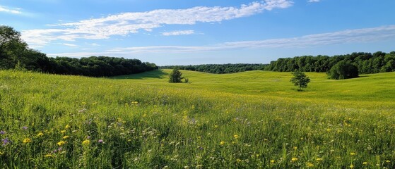 Fototapeta premium Lush green landscape with wildflowers under blue skies.