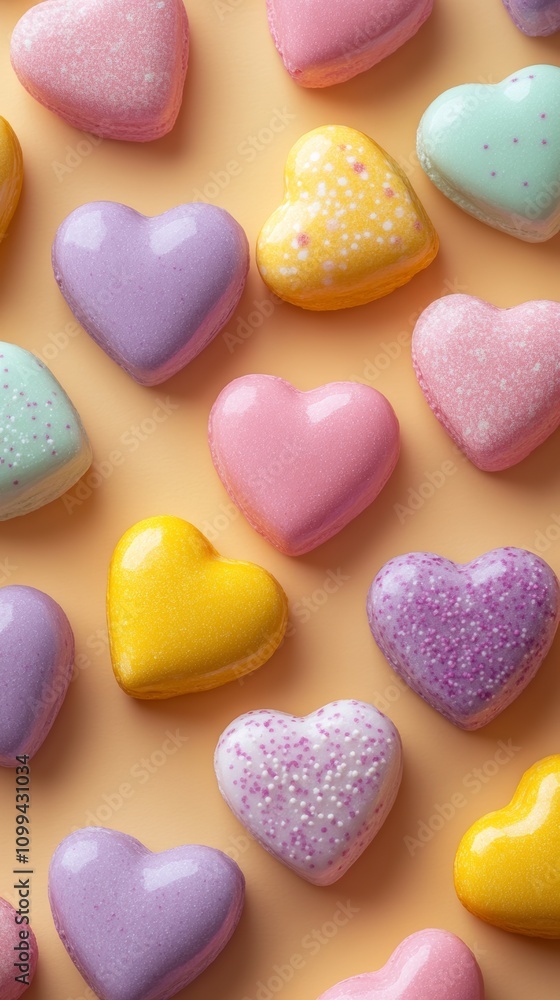 Poster a close up of many hearts of different colors and sizes. the hearts are arranged in a pattern, with 