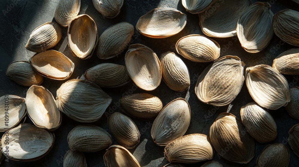 Aufkleber Artistic display of peanut shells resembling rice grain patterns creative workshop natural environment close-up view eco-art concept