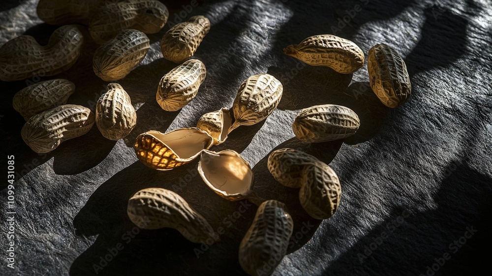 Aufkleber Peanut shells arranged in rice grain patterns natural setting macro photography soft lighting artistic concept