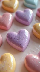 Obraz premium A row of heart-shaped candies with glitter on them. The candies are in various colors, including pink, yellow, and purple. The glitter adds a touch of sparkle