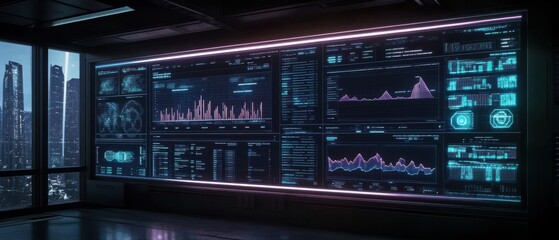 Obraz premium Futuristic control room with data visualization screens.