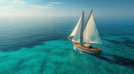 Fototapeta premium A sailboat is floating on the ocean with a clear blue sky above it. The boat is the only thing visible in the image, and it is moving slowly through the water. The scene is calm and tranquil