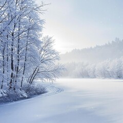 Obraz premium Frosty morning in the forest with snowflakes gently falling, bare trees, and a frozen lake in the distance, winter, snowflakes