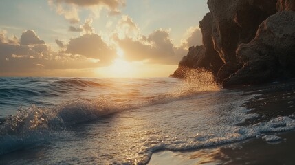 Golden Sunset Over Rocky Beach with Gentle Waves and Cloudy Sky in Serene Atmosphere