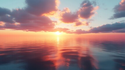 Obraz premium Breathtaking Ocean Sunset with Vibrant Colors and Reflective Cloud Patterns Illuminating the Horizon