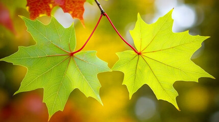 Fototapeta premium Vibrant green maple leaves with intricate veins, showcasing nature beauty. background features soft bokeh effect, enhancing freshness of leaves