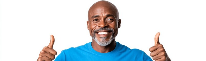 Obraz premium A man with a blue shirt is giving a thumbs up. He is smiling and he is happy