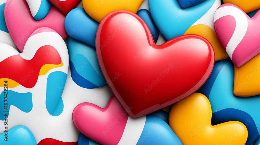 Poster a bunch of hearts in different colors and sizes, with a red heart in the middle. concept of love and