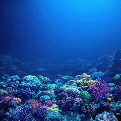 Deep sea coral reef with blue striped background, sea creatures, seaweed