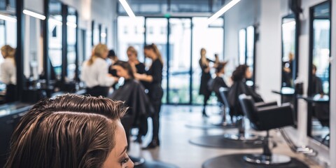 A bustling, modern hair salon scene with the focus on a client's hair in the foreground. Stylists work in the background, creating a sense of activity and professionalism in a stylish. 