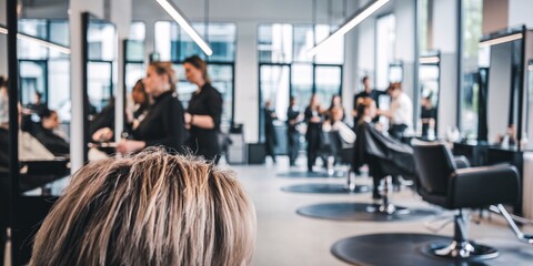 A bustling, modern hair salon scene with the focus on a client's hair in the foreground. Stylists work in the background, creating a sense of activity and professionalism in a stylish. 