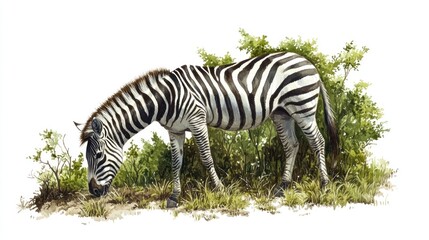 Fototapeta premium Zebra Grazing in the Wild with Lush Greenery and Natural Habitat Background