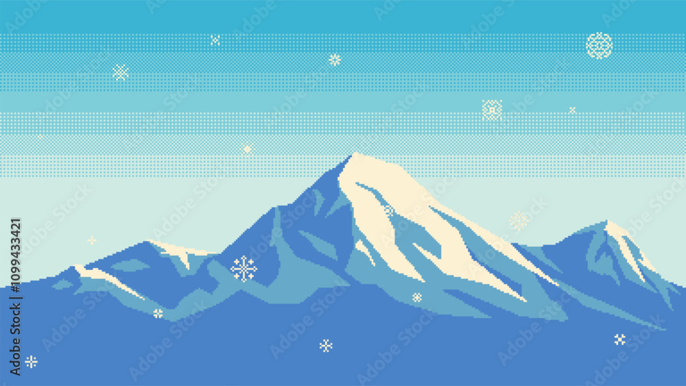 Aufkleber pixel art snowy mountains with falling snowflakes. landscape for game or application. seamless backg