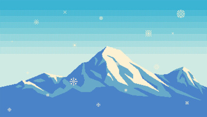 Pixel art snowy mountains with falling snowflakes. Landscape for game or application. Seamless background when docking horizontally. Vector illustration.