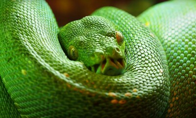 A green python curls up on a tree branch