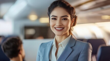Fototapeta premium Friendly Stewardess Assisting Passengers on Plane