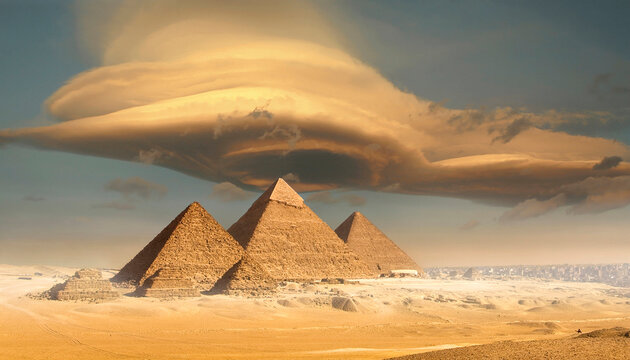 Dramatic storm cloud above Giza pyramids and Cairo cityscape, Egypt