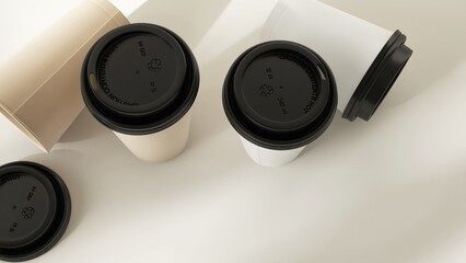 Top view of brown and white coffee paper cups with black lids on table counter in dappled sunlight for luxury afternoon tea, product background 3D