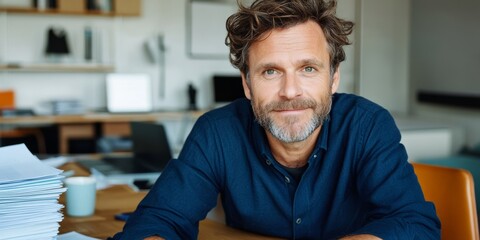 Fototapeta premium A man with a beard and glasses is sitting at a desk with a pile of papers in front of him. He is smiling and he is in a relaxed and comfortable mood