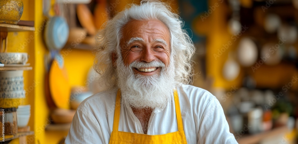 Poster a man with a white apron and a yellow apron is smiling. he is in a store with many plates and bowls